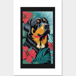 Rottweiler Dog Vibrant Tropical Flower Tall Retro Vintage Digital Pop Art Portrait Posters and Art